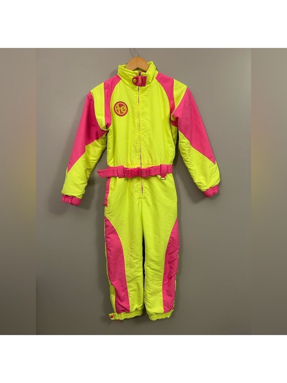 Tipsy Elves Neon Retro Ski Suit Kids M Pink Yellow 80s 90s One Piece Snowsuit